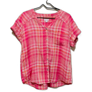 J Jill Love Linen Plaid Pink Button-Up Women's Top size xs